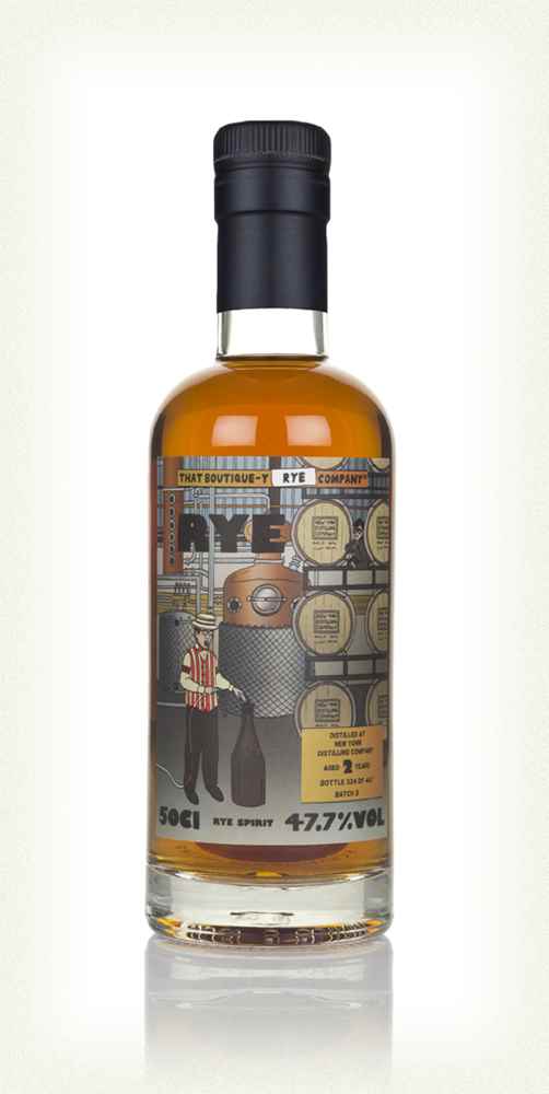 The bottle of New York Distilling Company 2yo batch 3 rye spirit bottled by That Boutique-y Rye Company