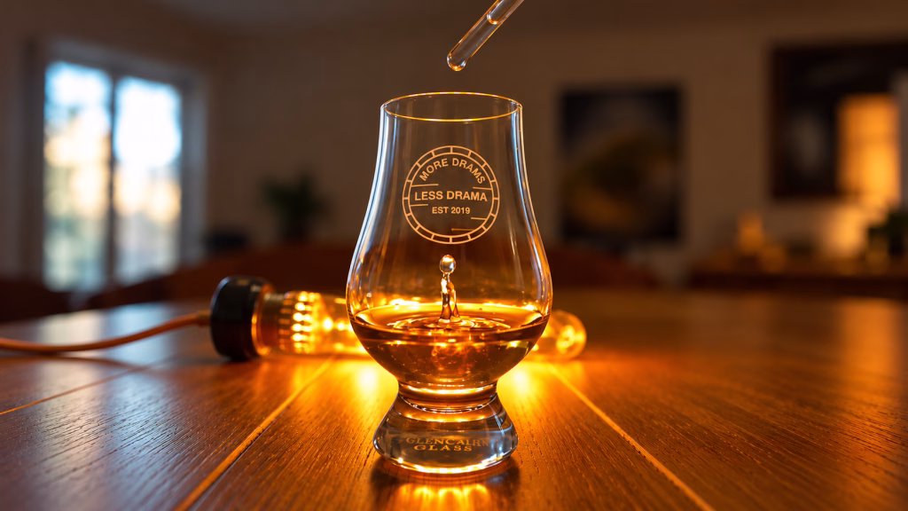 A drop of water rebounds in a whisky glass.